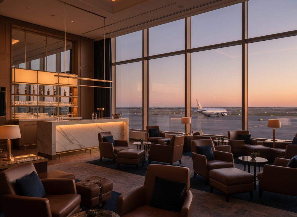 Quiet luxury airport first class lounge with armchairs, a bar and runway views