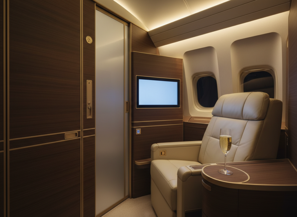 Private first class suite with closing doors, wide leather seat and large screen on a long-haul flight