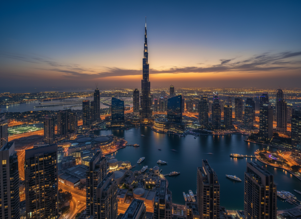 Dubai skyline glittering at dusk