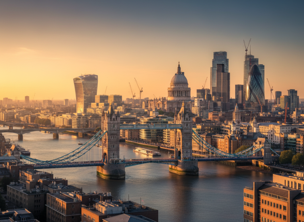 London skyline with Tower Bridge at golden hour
