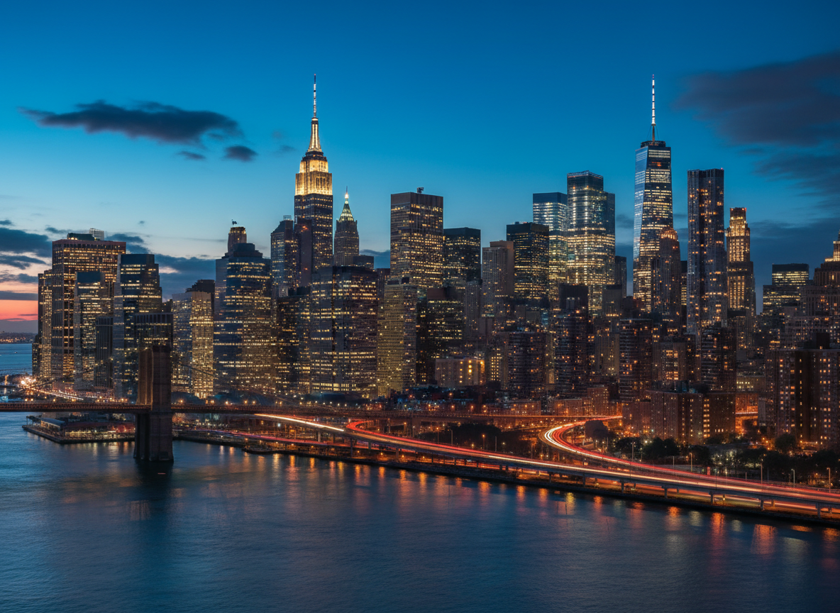 Manhattan skyline at blue hour