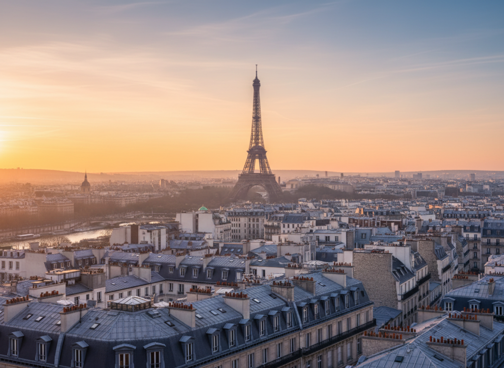 Paris rooftops and the Eiffel Tower at sunrise