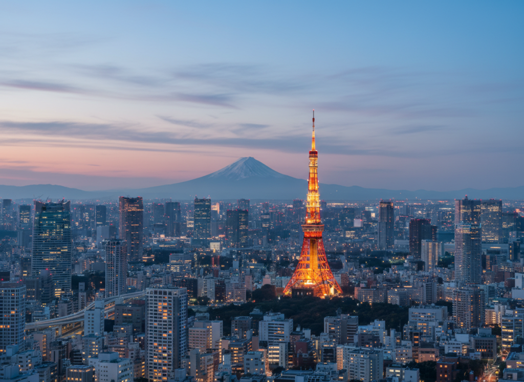 Tokyo skyline at twilight with Mount Fuji in the distance