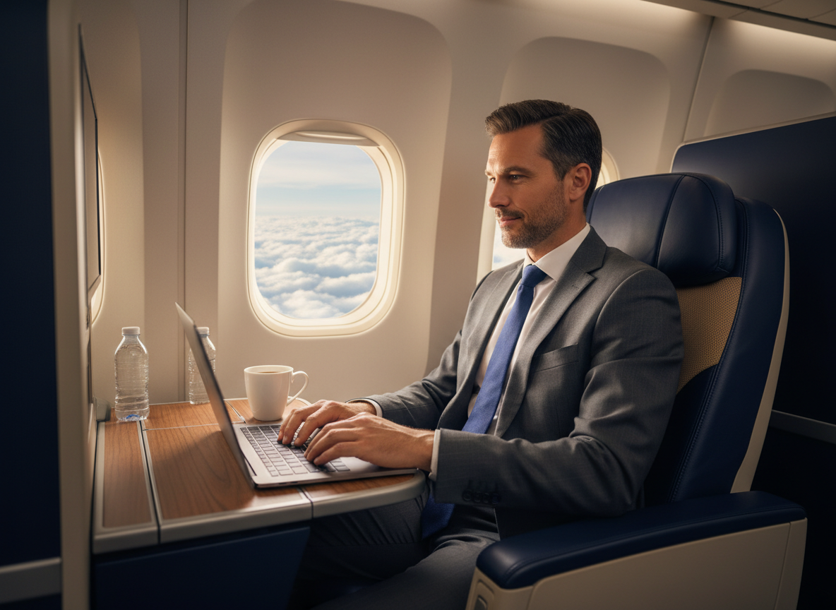 Business traveler working on a laptop in a business class seat