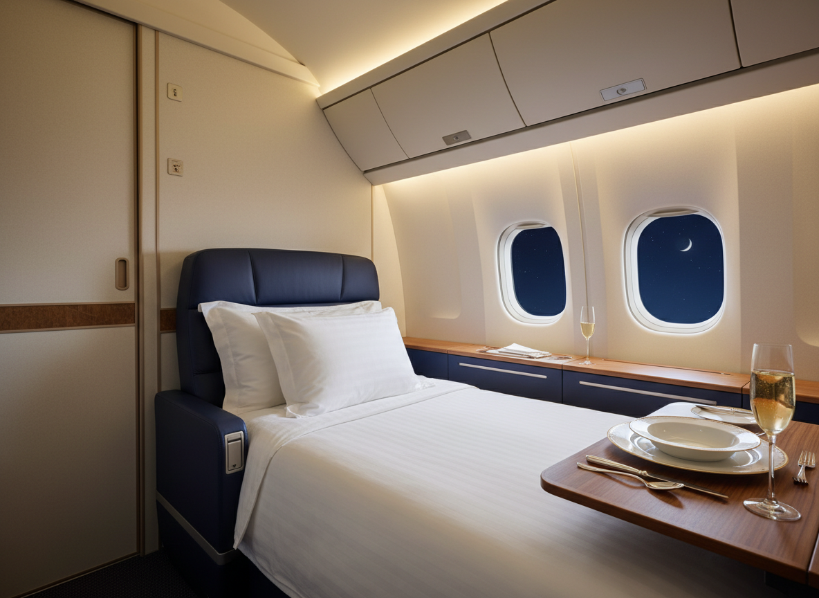 First class private suite with bed and fine dining