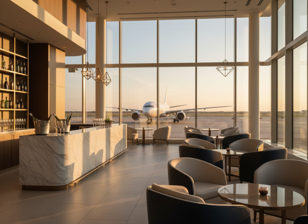 Premium airport lounge overlooking the runway at golden hour