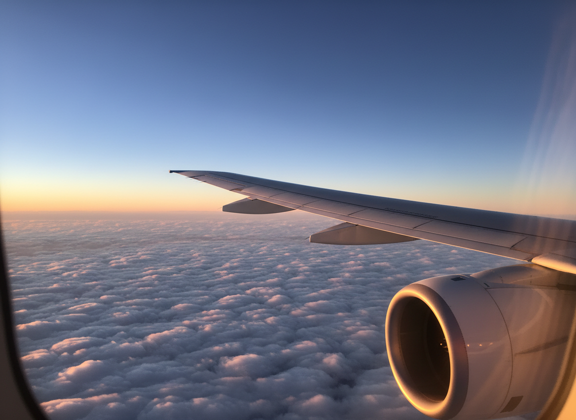 Airplane wing above the clouds at sunset