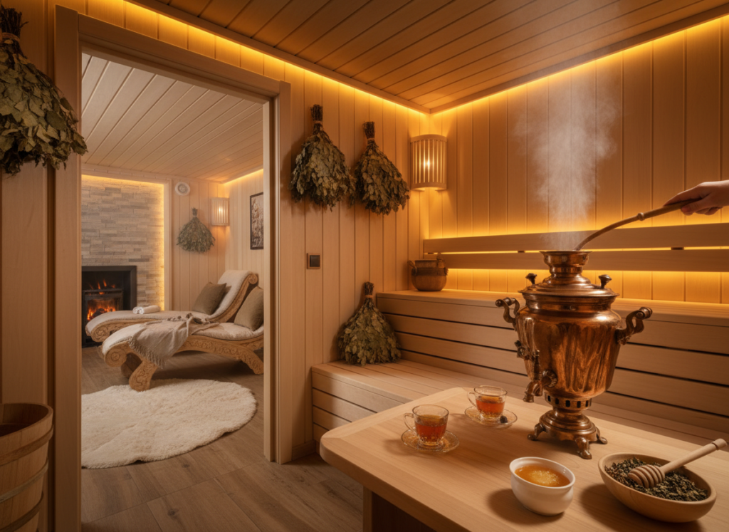 Premium private Russian banya with birch branches and a tea ceremony table with a samovar
