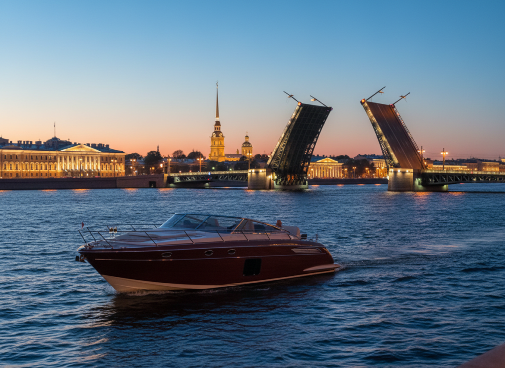 Private evening boat cruise on the Neva River in St. Petersburg with illuminated bridges