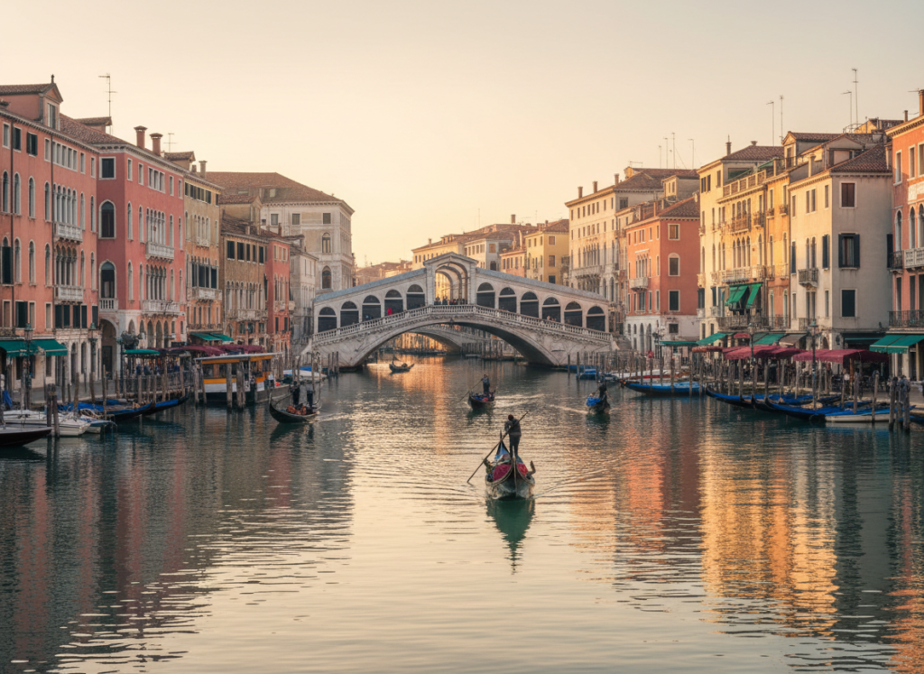 Venice Grand Canal at sunrise with gondolas and pastel palaces