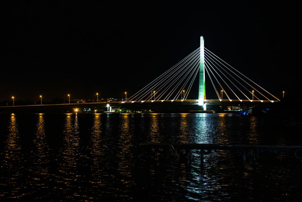 Bridge over the lagoon in Lagos, Nigeria, lit up at night